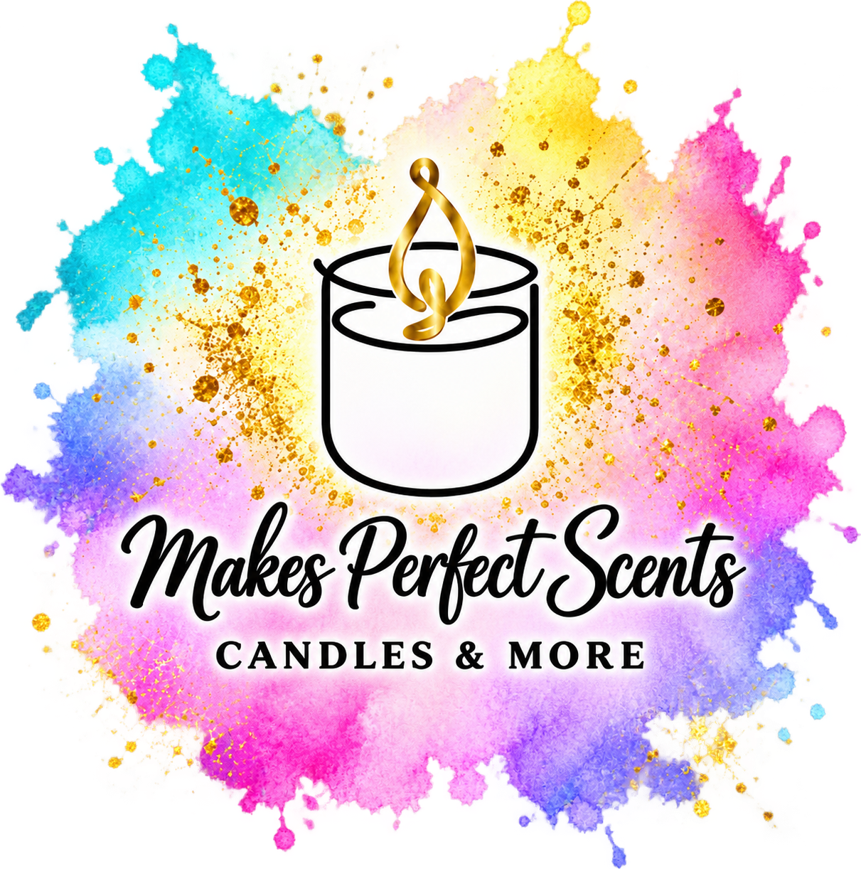 Makes Perfect Scents Candles & More logo, a jar candle with a gold flame
