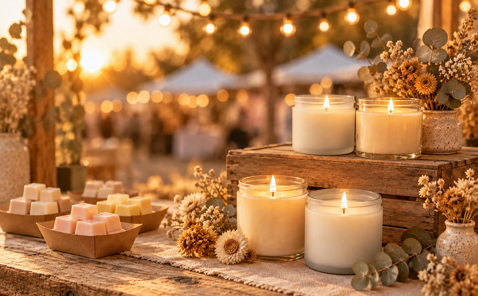 A candle pop-up market booth at golden hour with string lights overhead