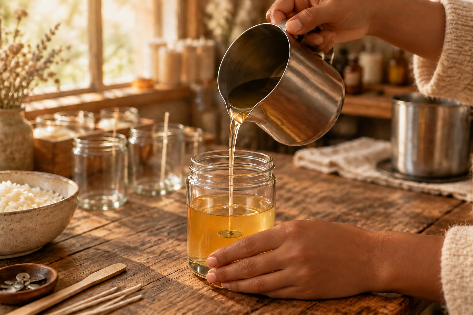 Wax being poured by hand from a steel pitcher into a glass jar